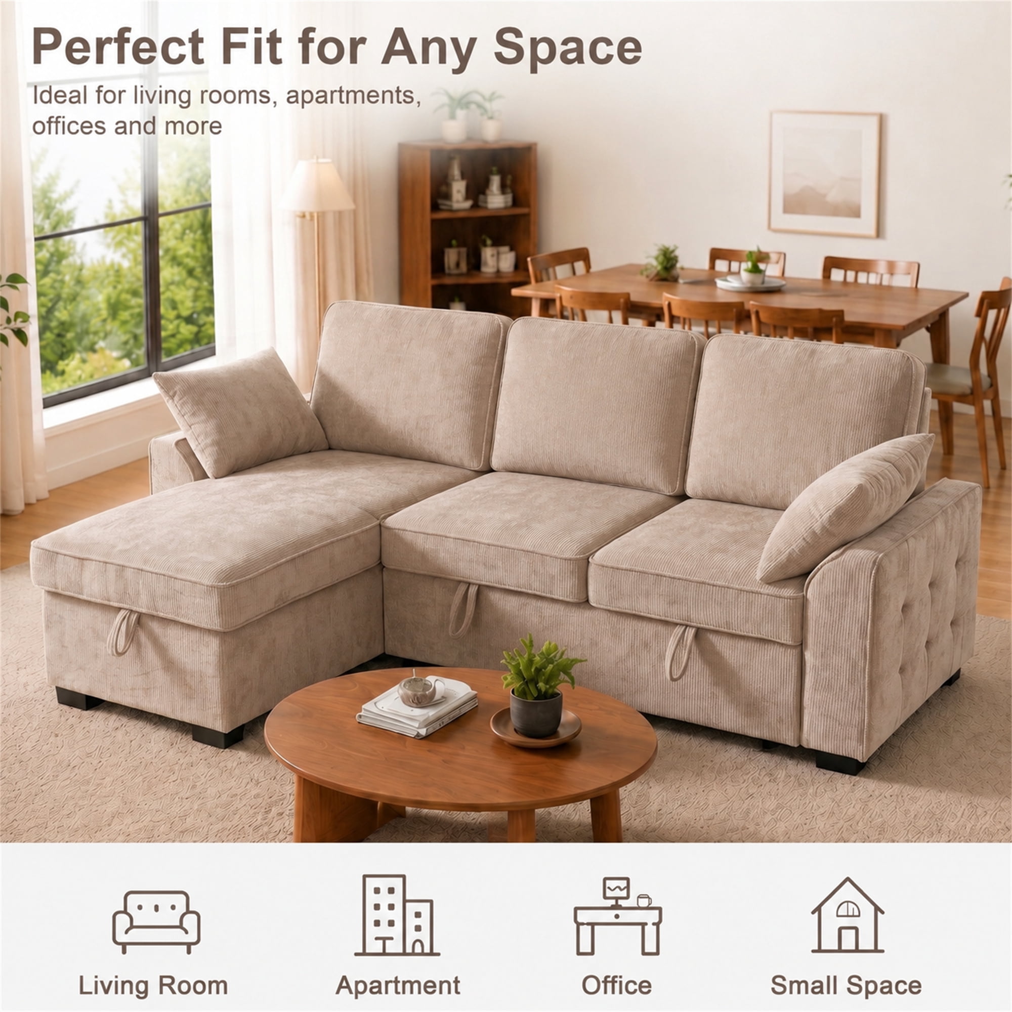 Aukfa 86" L-Shaped Convertible Sectional Sleeper Sofa Bed with USB & Cup Holders Console, Storage Chaise for Living Room, Chenille, Beige