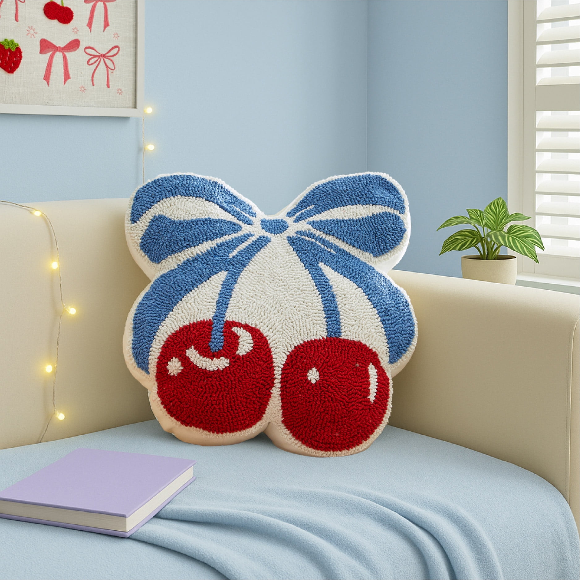 Mainstays Coquette Blue and Red Cherry Bow Figural Tufted Decorative Pillow, 16.5" L x 16" W