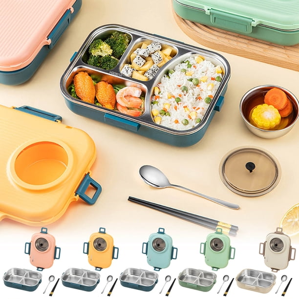Fiambrera Bento de acero inoxidable - Recipiente apilable de 1400 ml con 4 compartimentos, tapa impermeable y cuchara/palillos
