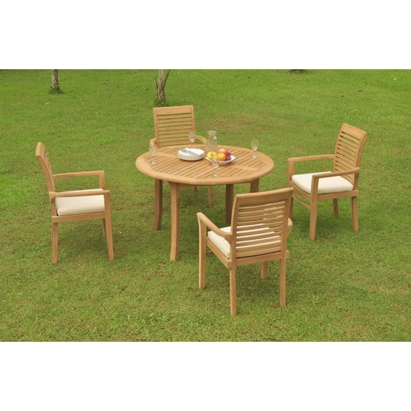 Grade-A Teak Dining Set: 4 Seater 5 Pc: 48" Round Table And 4 Mas Stacking Arm Chairs Outdoor Patio WholesaleTeak #WMDSMSq