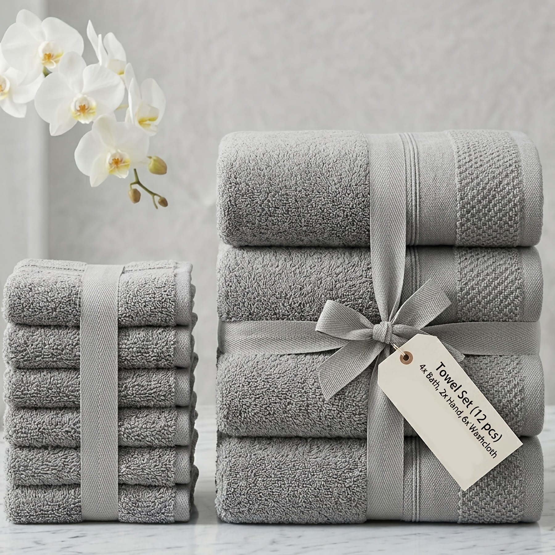 Set Of 12 Luxurious Cotton Towels Set, Ultra Soft & Highly Absorbent Premium Towels, Includes 4 Bath Towels, 2 Hand Towels & 6 Washcloths, Luxury Hotel Quality Shower Towels for Family & Guest Room.