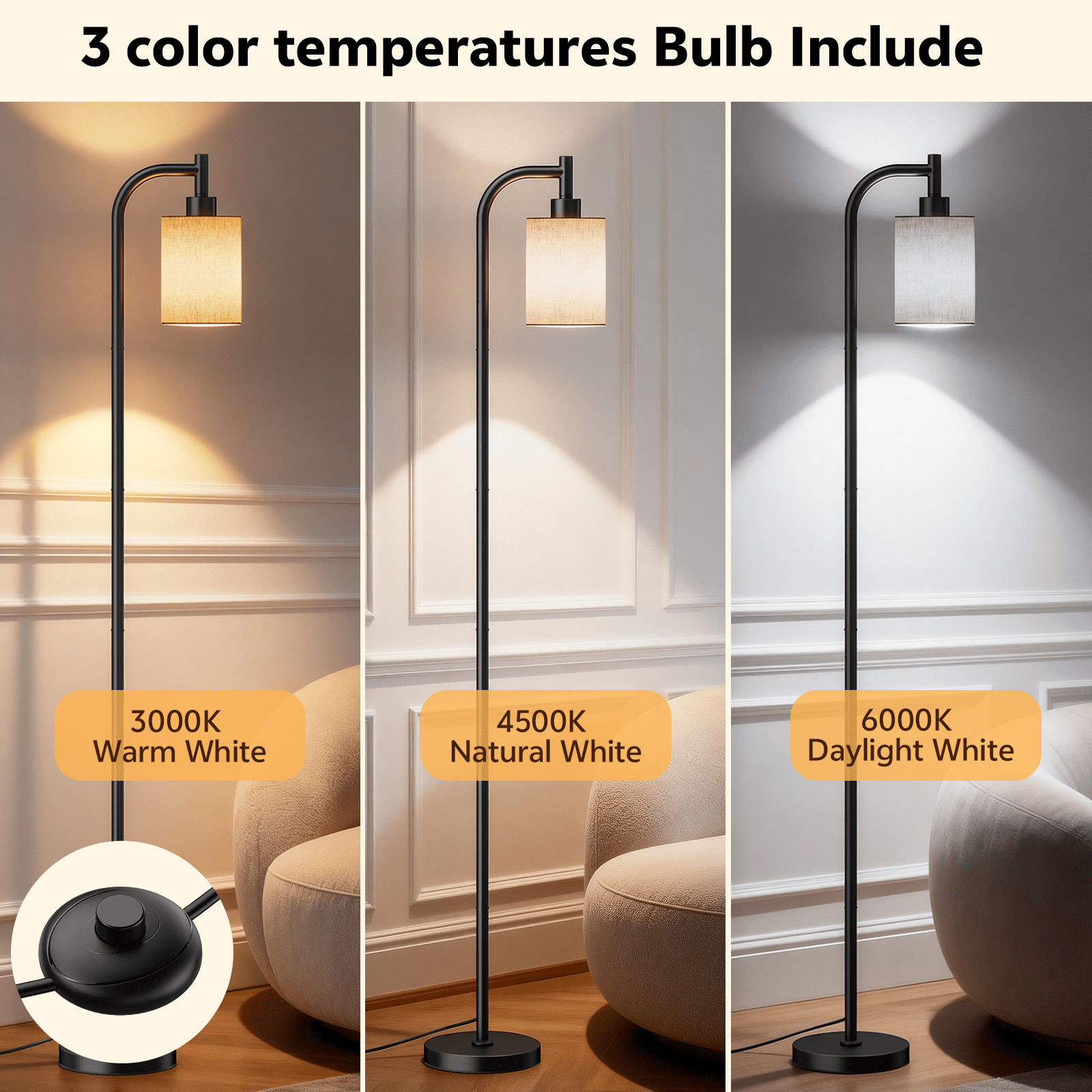 Floor Lamps for Living Room,3-Way Dimmable Standing Lamps with White Linen Shade,60" Vintage Tall Pole Light for Reading, Bedroom,Bulb Included