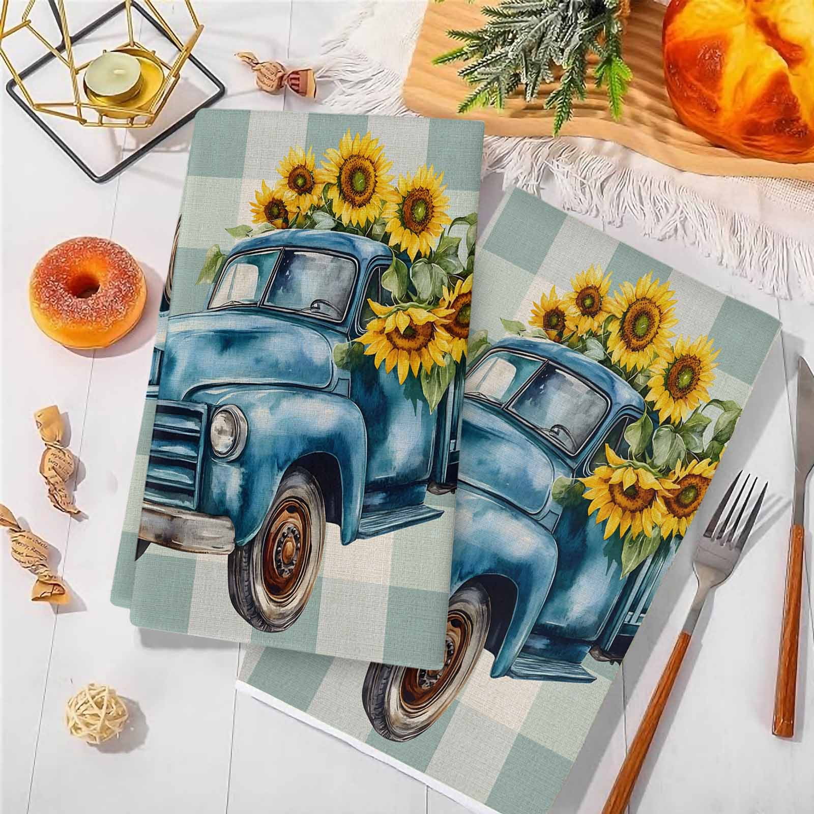 Blue Truck Yellow Sunflower Kitchen Towels Set of 2, Summer Teal Plaid Vintage Soft Microfiber Dish Towels, Absorbent Quick-Dry Washable Dishcloths for Kitchen Cleaning, Drying Dishes, 18x28 Inches