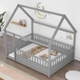 thumbnail image 2 of Full Size Montessori Bed, Wooden Floor House Bed with 20" High Fence and Roof, Montessori Floor Beds Without Slats for Boys,Girls, Grey, 2 of 7