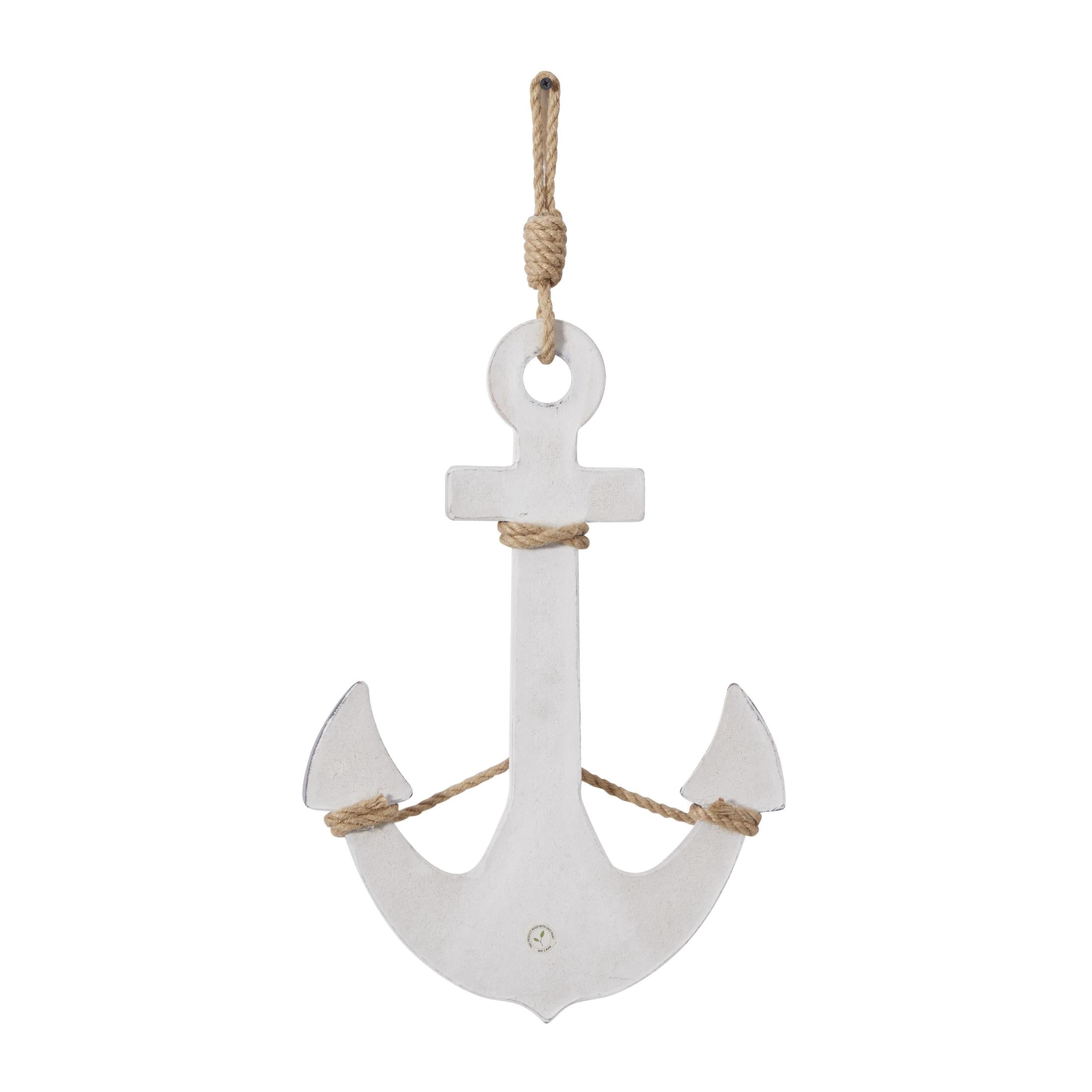 DecMode White Wooden Anchor Wall Decor with Hanging Rope