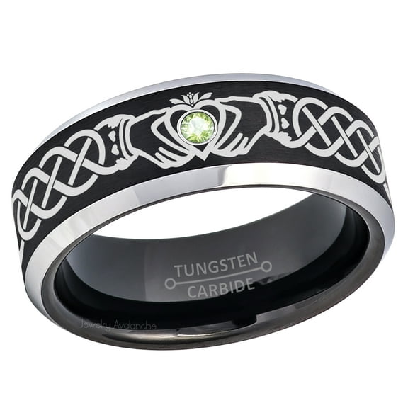 Claddagh Tungsten Ring - 2-Tone Mens Beveled Tungsten Carbide Wedding Band - 0.07ct Peridot Tungsten Ring - Personalized Tungsten Wedding Ring - Custom Made August Birthstone Ring TN667CLDs7