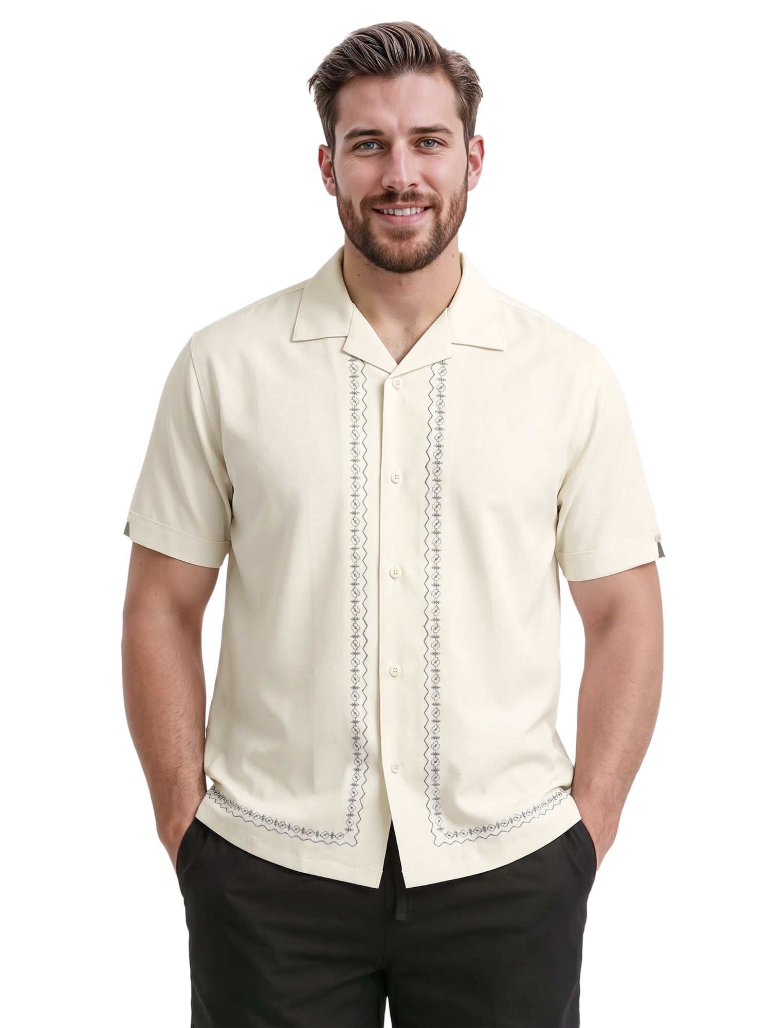 Havanera Men’s and Big Men's L-Shape Embroidered Cotton-Lyocell Short Sleeve Shirt, S-5XL