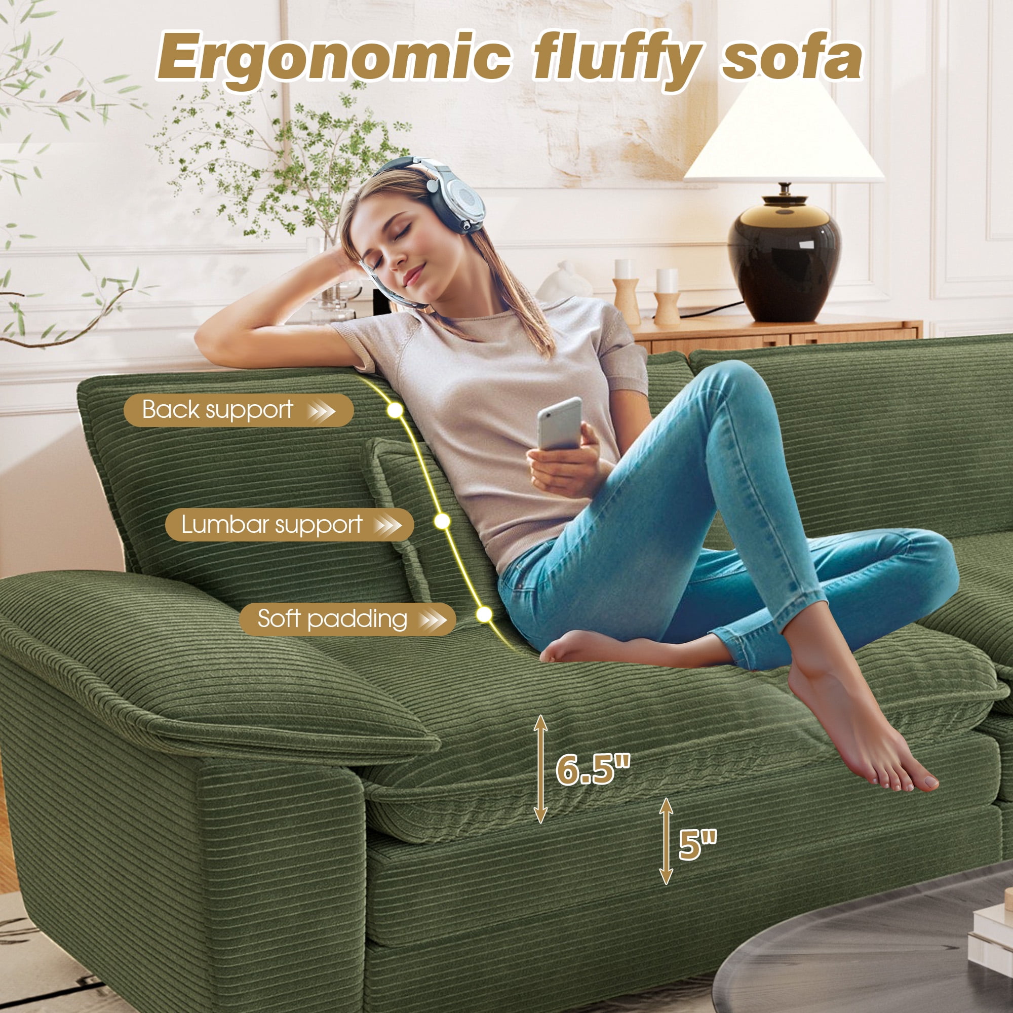 Muumblus Comfy Modular Sectional Sofa with 2 Ottoman, Deep Seat 80.5" Modern Oversized Corduroy Cloud Couch, Fluffy Deep Seat Chaise Lounge Sleeper Sofa for Living Room Apartment, Green