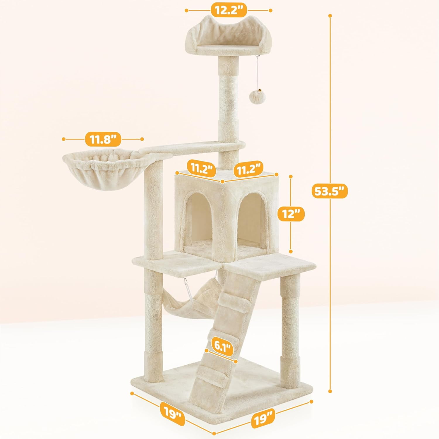 LibraMAl Cat Tree, 54in Tall Cat Tower for Indoor Cats with Extended Platform & Basket, Spacious Cat Condo, Funny Hammock, Scratching Posts and Ladder, Beige