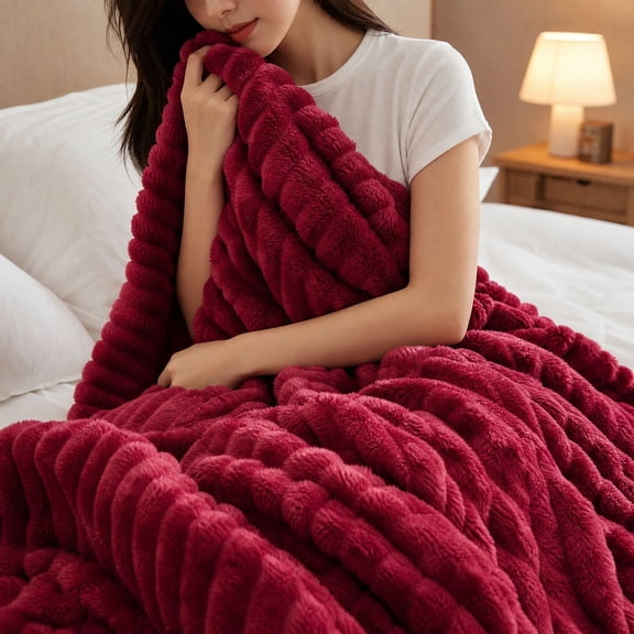 Kuokaa Chunky Ribbed Plush Flannel Fleece Throw Blanket, Thick Soft Warm Textured Striped Couch Bed Blanket for Bedroom Living Room Home Decor, Burgundy Red, 59.06 x 78.74 in