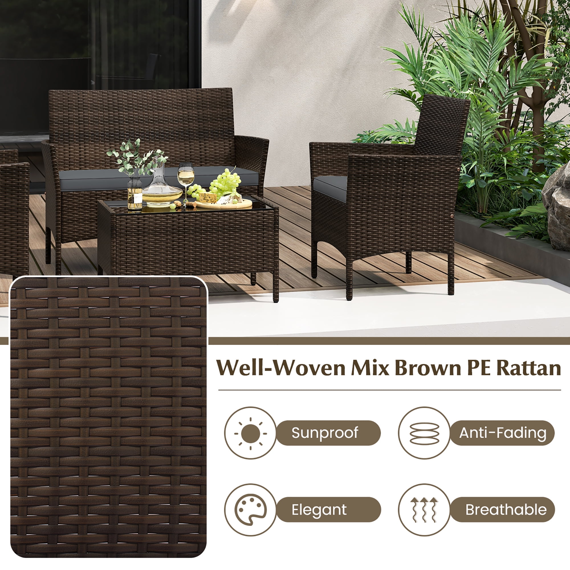 Gymax 4 Piece Patio Rattan Conversation Set Outdoor Wicker Furniture Set w/ Chair & Loveseat