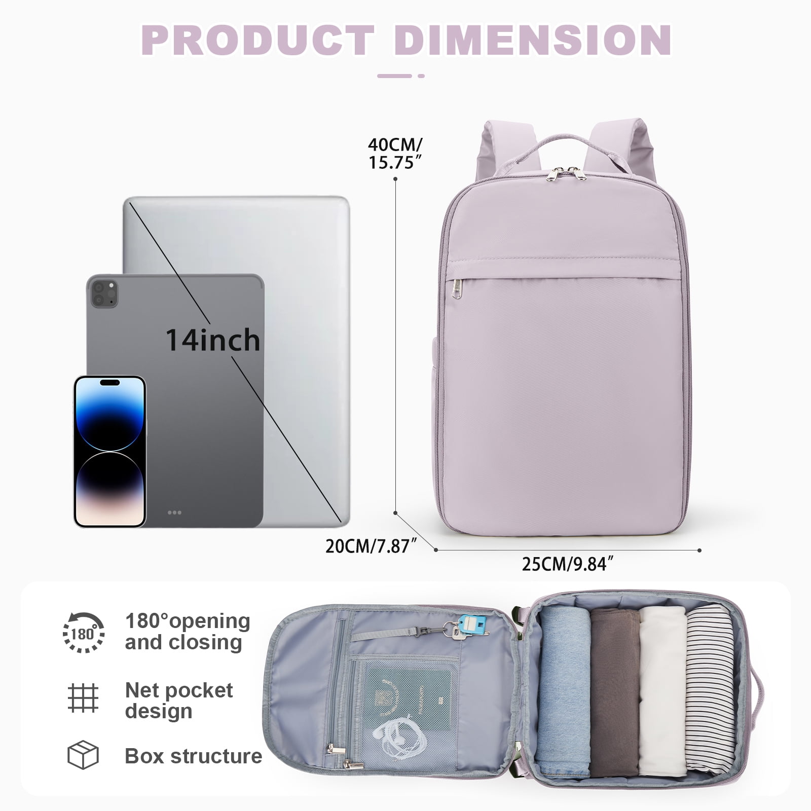 United Airline Approved Personal Item Travel Bag for Women, Underseat Luggage Carry On Backpack for Men, Cabin Size Waterproof Laptop Backpack, Mochila De Viaje, Rucksack Casual Daypack, Purple