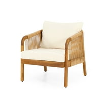 GDF Studio Allerton Outdoor Acacia Wood and Wicker Club Chair with Cushions, Teak, Light Brown, and Beige