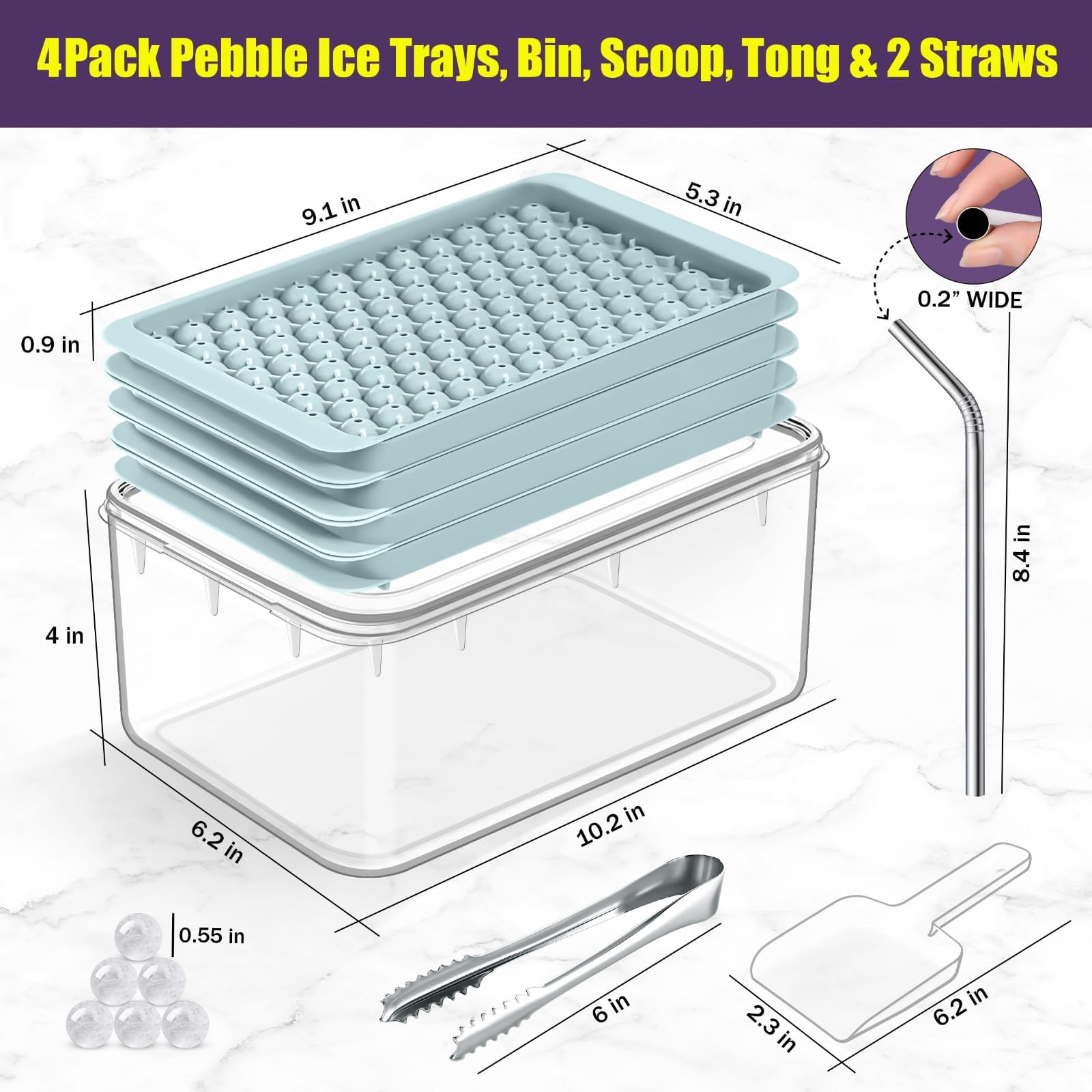 0.55in Mini Ice Cube Trays - Tiny Pebble For Iced Coffee & Fast Chill  Easy Twist Release Stackable With Lid Storage Bin Tongs 2 Straws (4 Pack Blue)