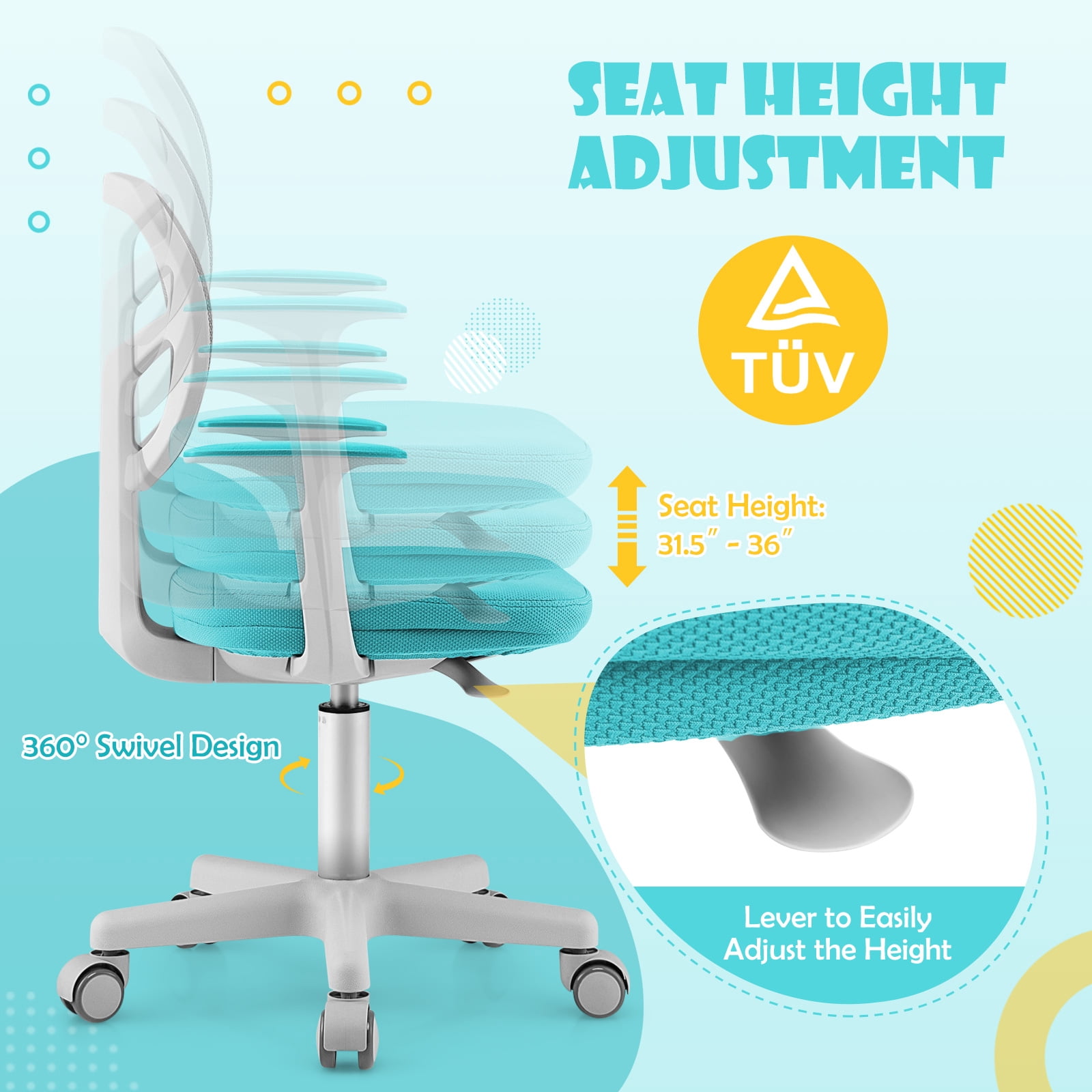 Costway Auto Lock Kids Mesh Chair with Armrests Height Adjustable 360-Degree Swive Green
