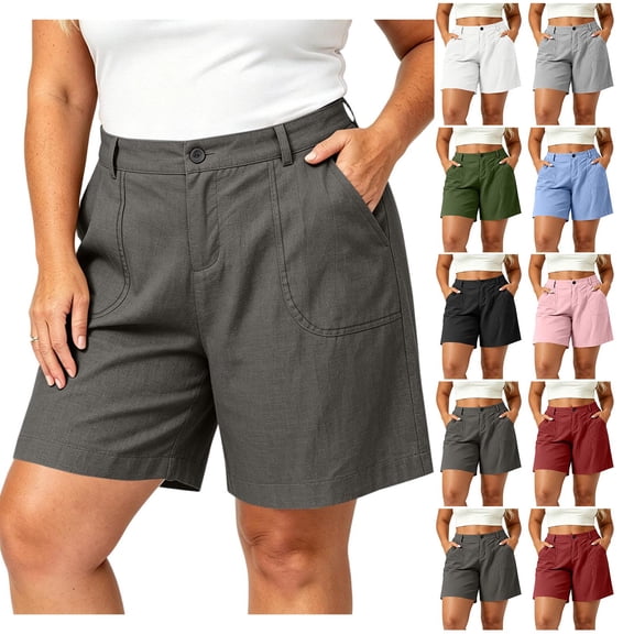 ShomPort Womens Active Plus Size Shorts Linen Cotton Curvy Comfy Lounge Short Hiking Shorts with Pockets