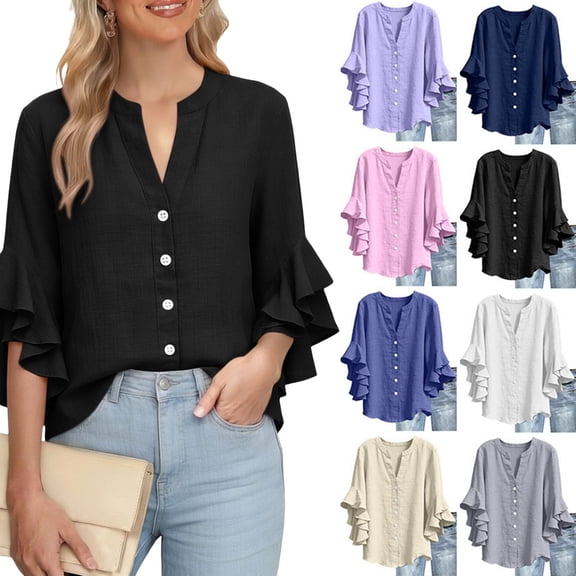 Dvprdro Womens 3/4 Sleeve Button Down Shirts Cotton Linen V Neck Blouses Casual Summer Tops with Floral Lace Cuffs