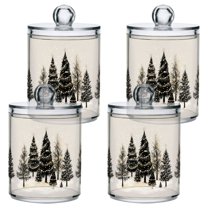 Yayeee 4 Pack Qtip Holder Bathroom Cotton Swab Canister with Lid Clear Dispenser Set, Hand Drawn Christmas Trees