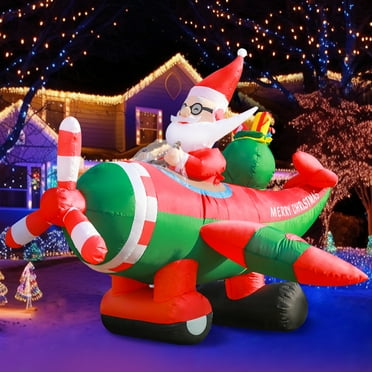 DeeKom 6' Christmas Inflatable Outdoor Decor, Blow Up Santa Claus on Airplane, Prelit, LED Lights