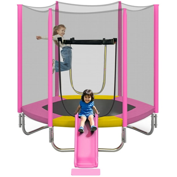 EUROCO 7FT Trampoline with Removable Slide, Kids Indoor Outdoor Trampoline with Enclosure Net and Ladder, Pink