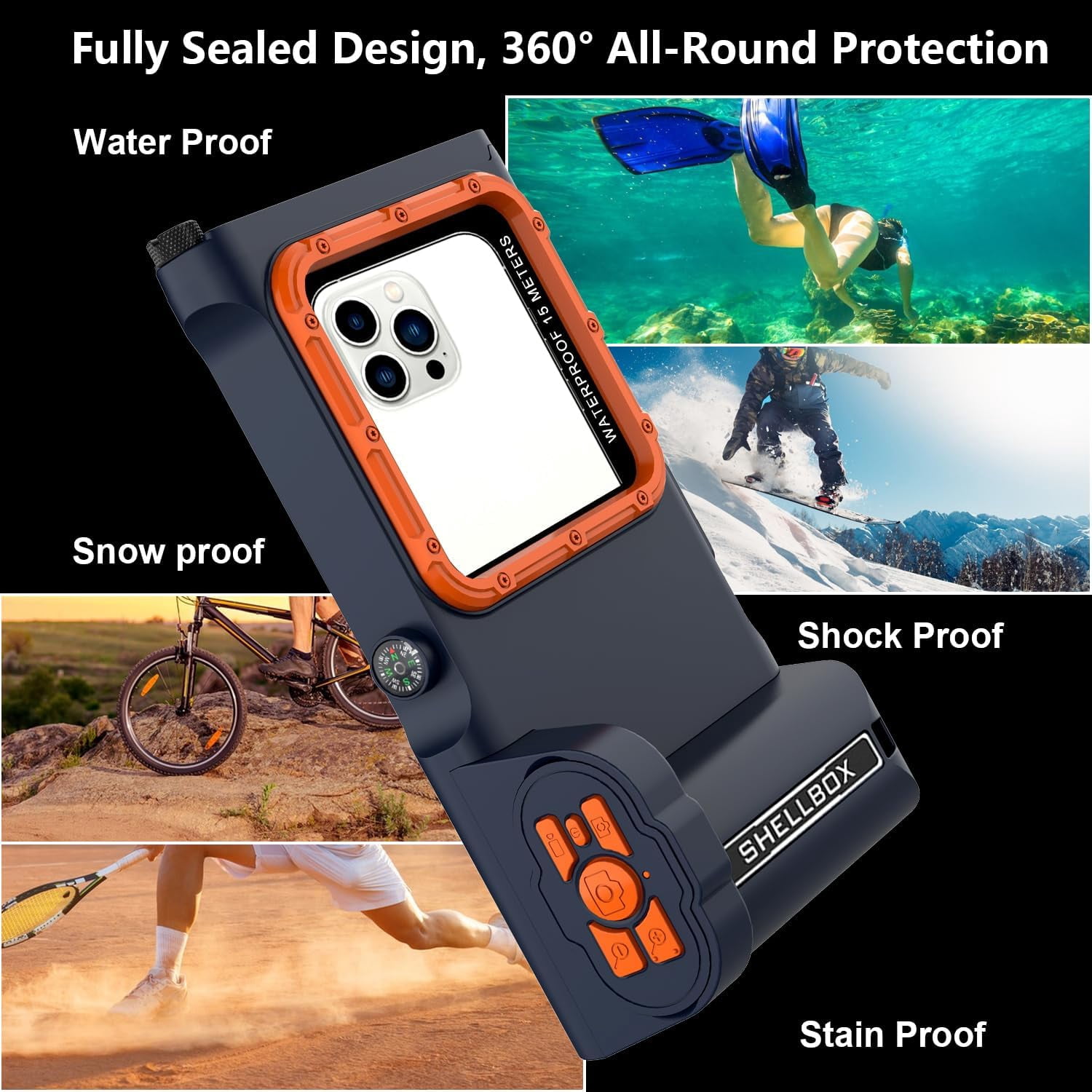 New Updated Extreme Waterproof Underwater Diving, Snorkel Phone Case with Bluetooth Remote Control for All iPhone (Max, Plus, S), Samsung, LG, Google, Android Up to 50Ft, 15M with Lanyard Blue&