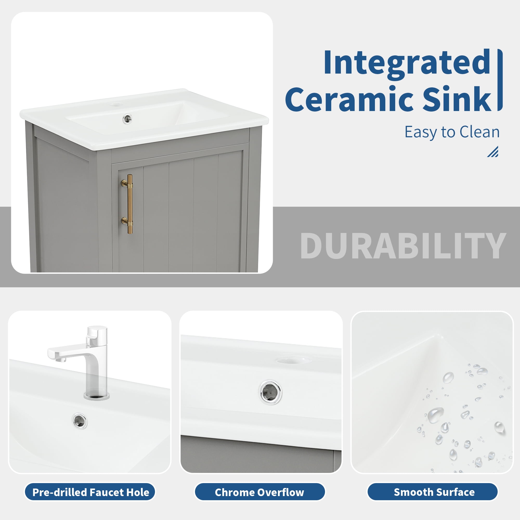 Euroco 20" Bathroom Vanity with Sink, Bathroom Cabinet with Soft Closing Door, Storage Rack and Open Shelf, Grey