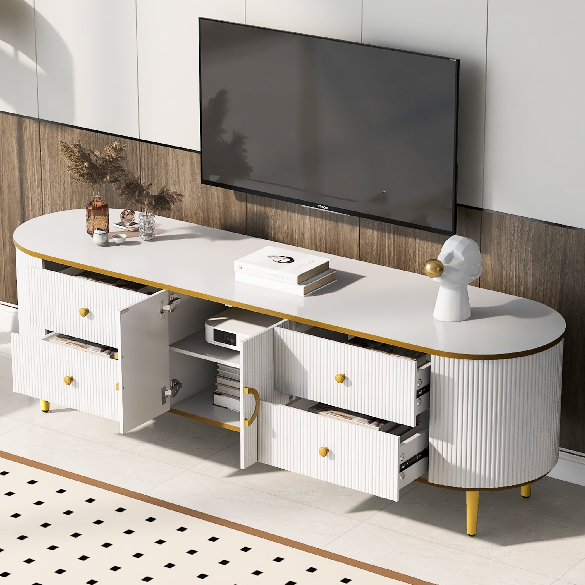 TV Stand for TVs up to 80 Inches, Entertainment Center with 4 Drawers and 1 Cabinet, Wood TV Console Table with Metal Legs and Handles for Living room