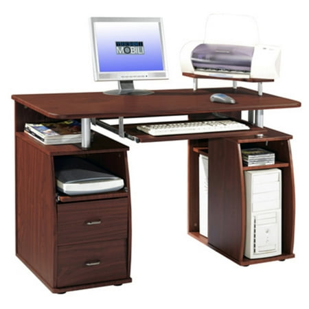 Complete Computer Workstation Desk with Storage - Mahogany (Brown) - Techni Mobili (Box 2 of 2 Only)