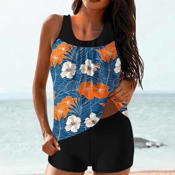 Trajes de baño Amzcrzy Tankini para mujer, trajes de baño, trajes de baño de dos piezas, bikini para mujer con estampado conservador y espalda con tiras, traje de baño azul claro, L