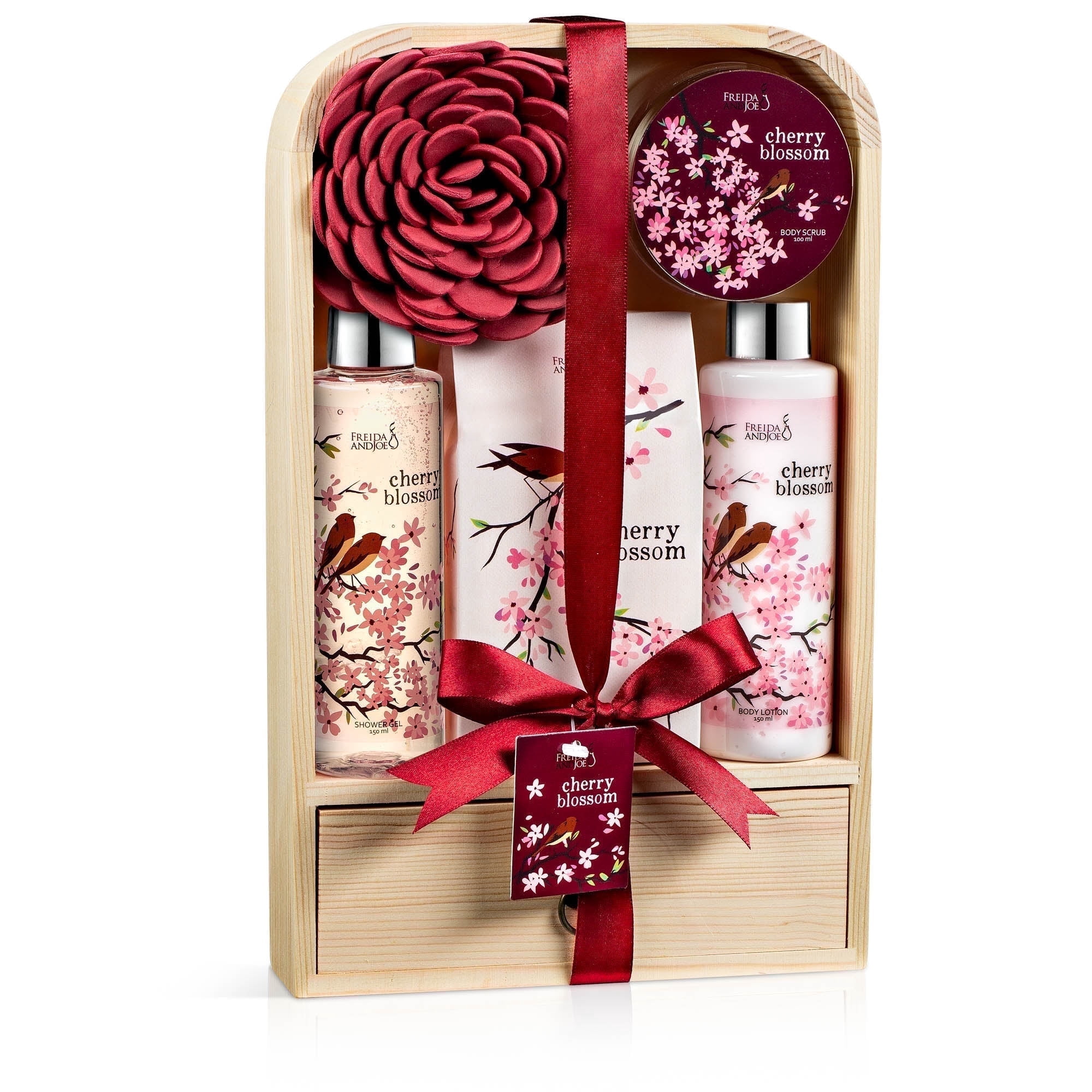 Luxury Cherry Blossom Bath and Body Gift Set for Women with Shower Gel, Lotion, Bath Salt – Self Care Gift Set for Her in Elegant Wooden Cabinet Valentines Gift