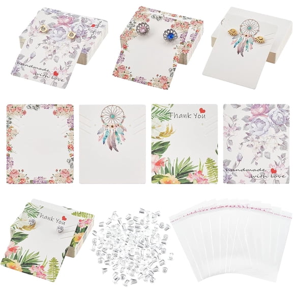 360 Pcs Earring Necklace Display Card Holder Set 120 Pcs Jewelry Display Cards 120 Pcs Cellophane Self-Seal Bags and 120 Pcs Clear Ear Nut for Jewelry Packaging DIY Set (4 Styles) Colorful DIY