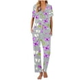 thumbnail image 2 of Pijama de manga corta con estampado fino y pantalones largos con solapa para mujer, top y pantalones de poliéster., 2 of 5