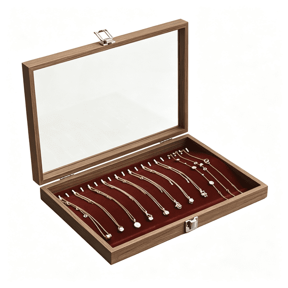 mirlewaiy Wooden Necklace Jewelry Box with Clear Glass Lid, Velvet Lined Dustproof Storage Case for Long Bracelets Chains