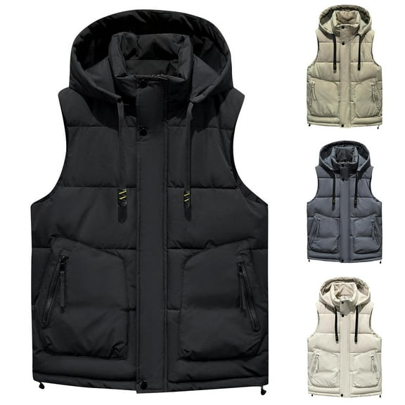 Zedker Men's Thicken Winter Vest Water-Resistant Puffer Hood Jacket Down Vest with Pockets Beige L