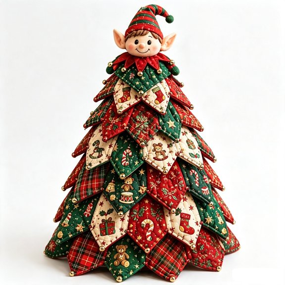 DIY Quilted Christmas Tree 3D Patchwork Craft Kit Handmade Tabletop Holiday Home Mantel Display Ornament(22cm)