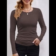 thumbnail image 3 of Camisetas Básicas Ajustadas Informales de Cuello Redondo y Larga Acanaladas para Mujer Marrón XXL, 3 of 6