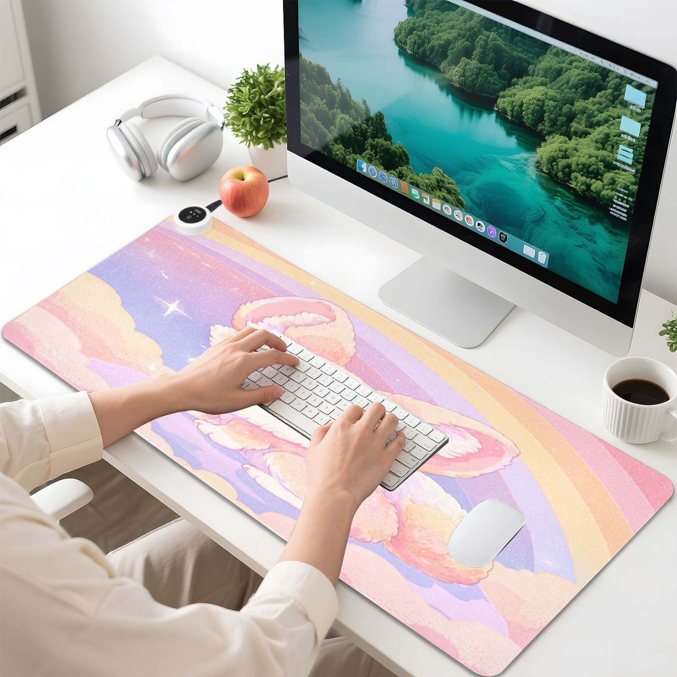 Large Heated Desk Mat Mouse Pad 31.5"x13"PU Leather Graphene Heating Desk Warmer with 3 Temperature Settings 110V US Plug Non-Slip Warm Pad for Home, Office, and Gaming Dreamy Cloud Fox Illustration