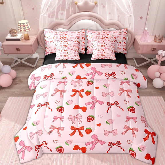 Erosebridal Girly Pink Ribbon Twin Bedding Sets 7-Piece, Cartoon Strawberry Bedding Comforter Set