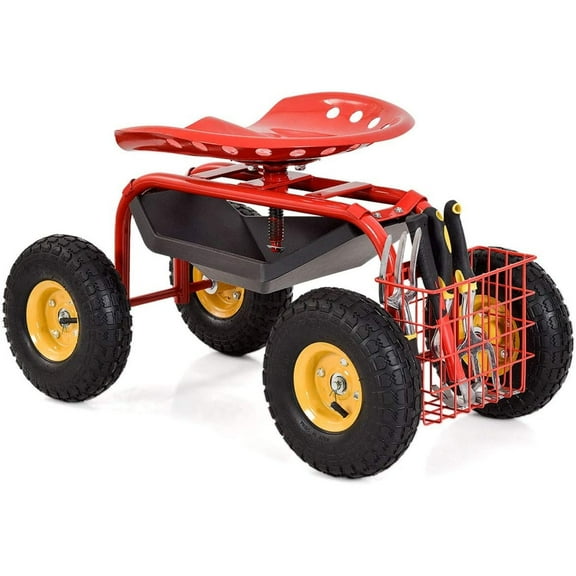 IRONMAX Garden Cart with Seat, Heavy Duty Gardening Work Stools w/Height Adjustable Seat & 10’’ Large Wheels, Rolling Garden Scooter for Outdoor Lawn Yard Planting (Red)