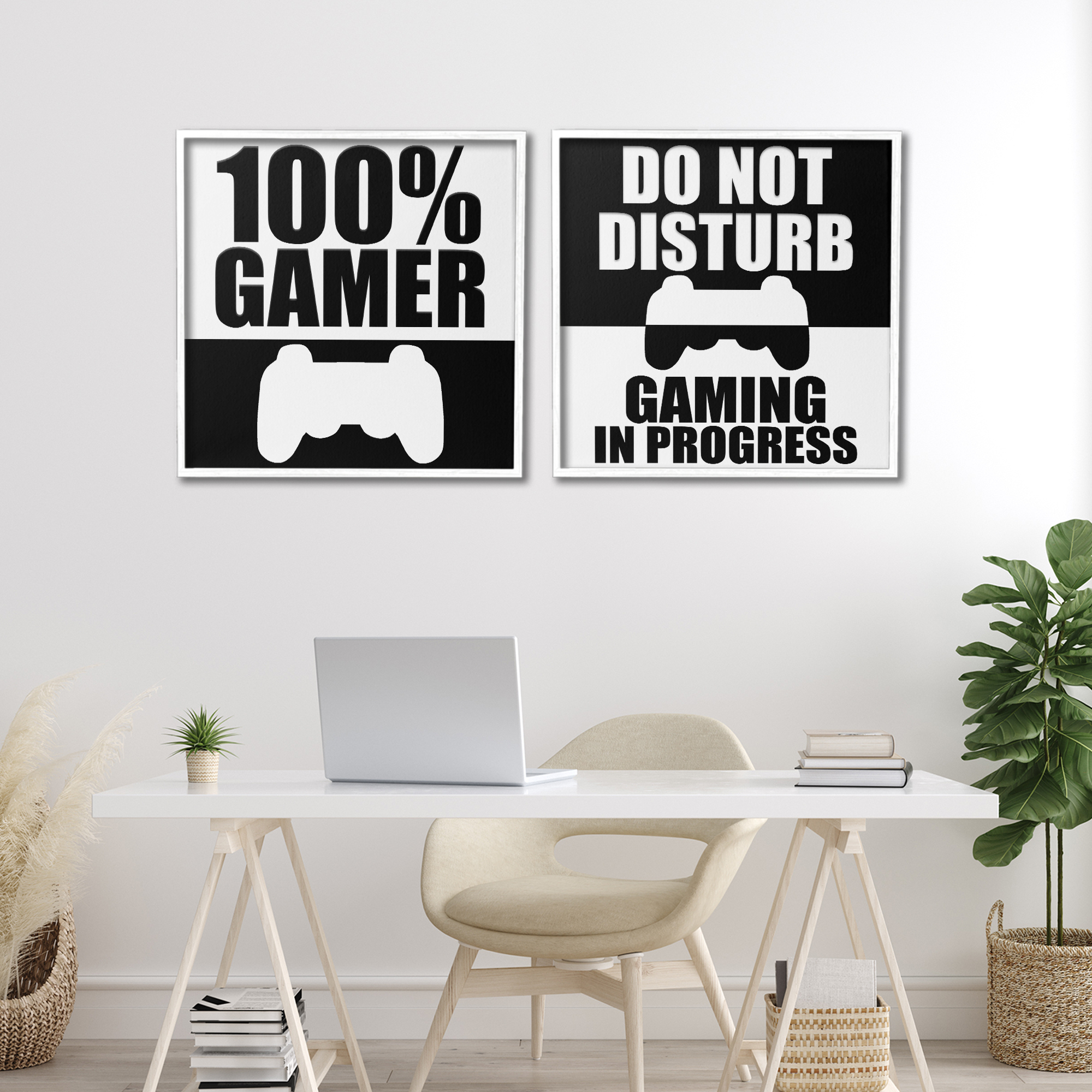 Competitive Gamer Black & White 2 Piece White Framed Giclee Art Set, design by Kim Allen