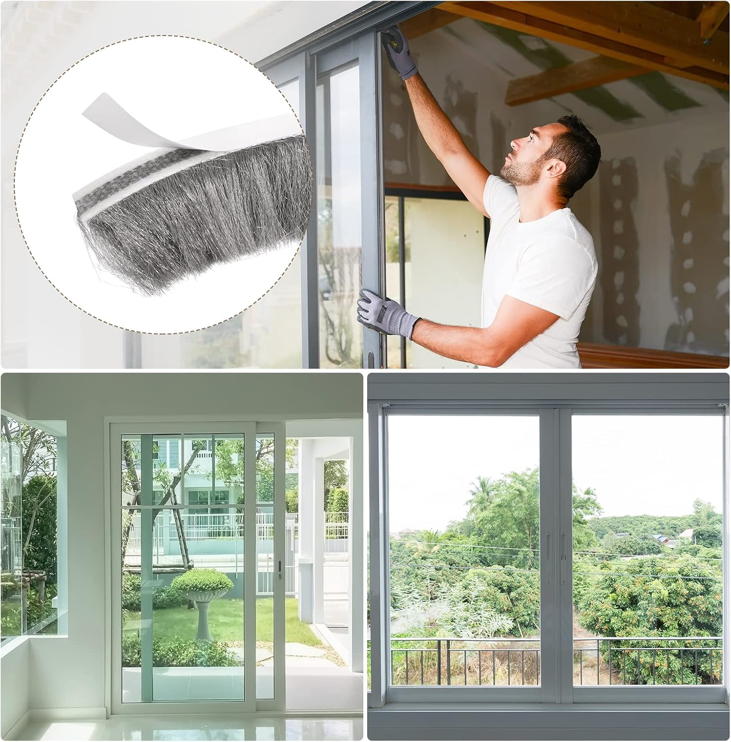 FRKSMD-Adhesive Brush Seal Weather Stripping (29/32"x11/32"x16.4ft), Door Brush Strip - for Sliding Sash Door Window Wardrobe Seal, Gray