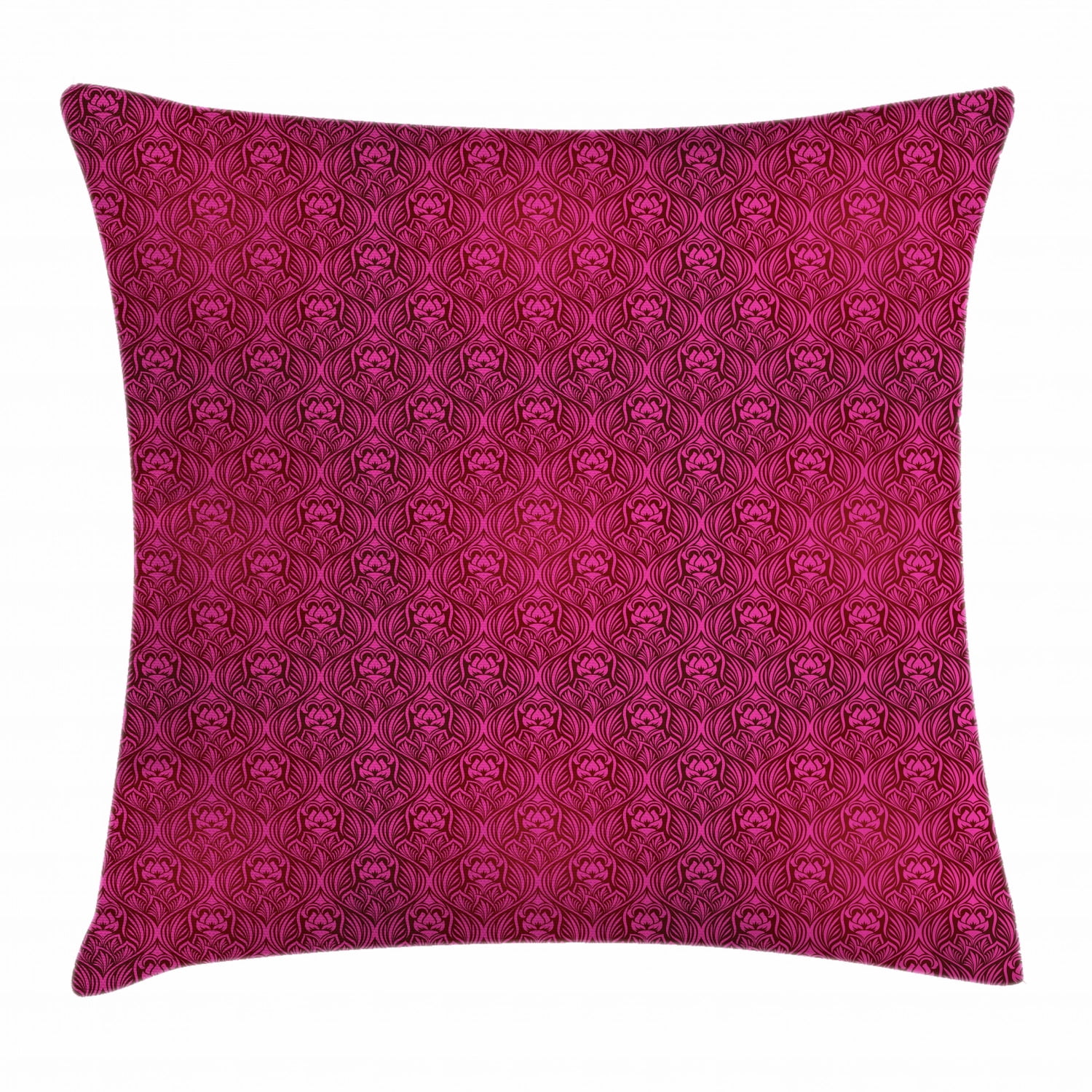 Magenta Throw Pillow Cushion Cover, Monochrome Flourishing Flowers with Leaves Pattern Royal