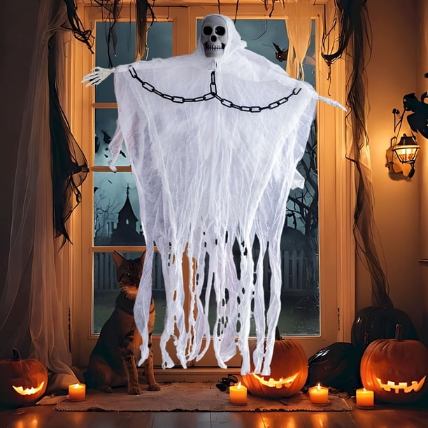 Decoraciones de Halloween, adornos de Halloween, regalos de Halloween, decoraciones colgantes de esqueleto fantasma de Halloween - 59 pulgadas, luces LED, ojos rojos colgantes, parcas con pelo para Ha