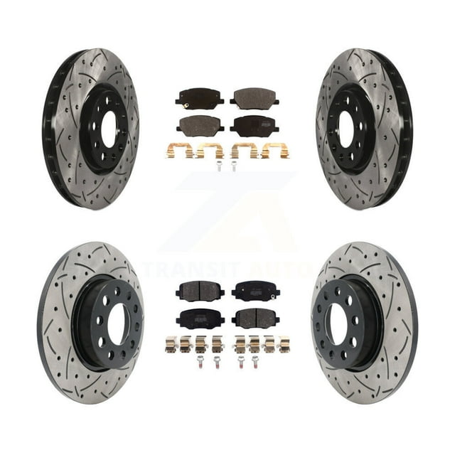 Transit Auto Front Rear Coated Drilled Slotted Disc Brake Rotors and Semi-Metallic Pads Kit for Car Jeep Renegade Fiat 500X KDF-100569