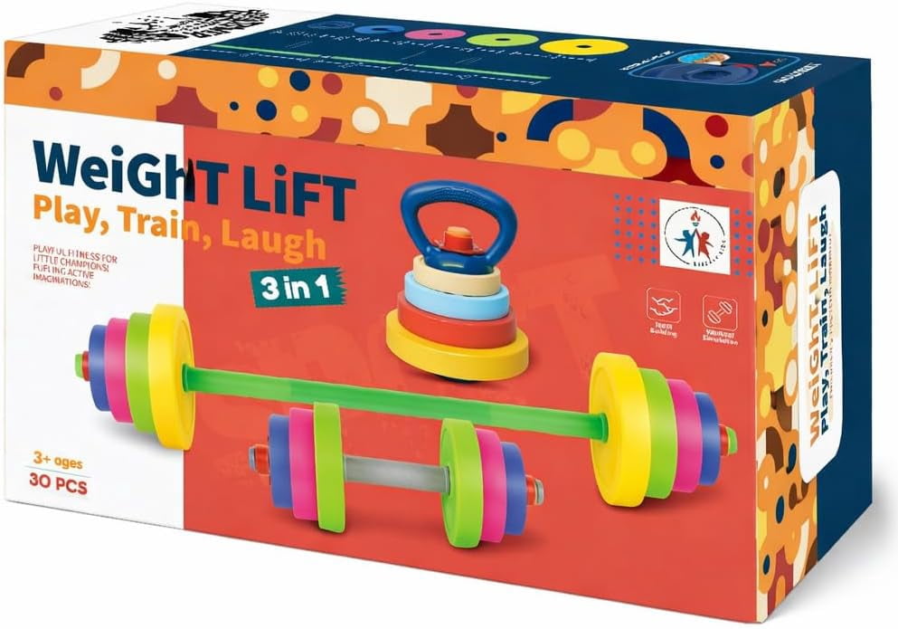 Kids Exercise Weight Set - 3-in-1 Adjustable Workout Toy Equipment for Children Pretend Play Exercise - Toddler Beginner Gym, Fitness, Weightlifting and Powerlifting (Dumbbell, Barbell, Kettlebell)