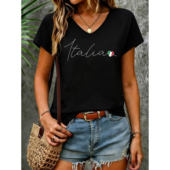 Italia Simple Love Italian Flag Heart on Italy V Neck T-Shirt Cotton Women's V Neck Graphic Tee, Casual Short Sleeve Shirt,Vacation Outfit