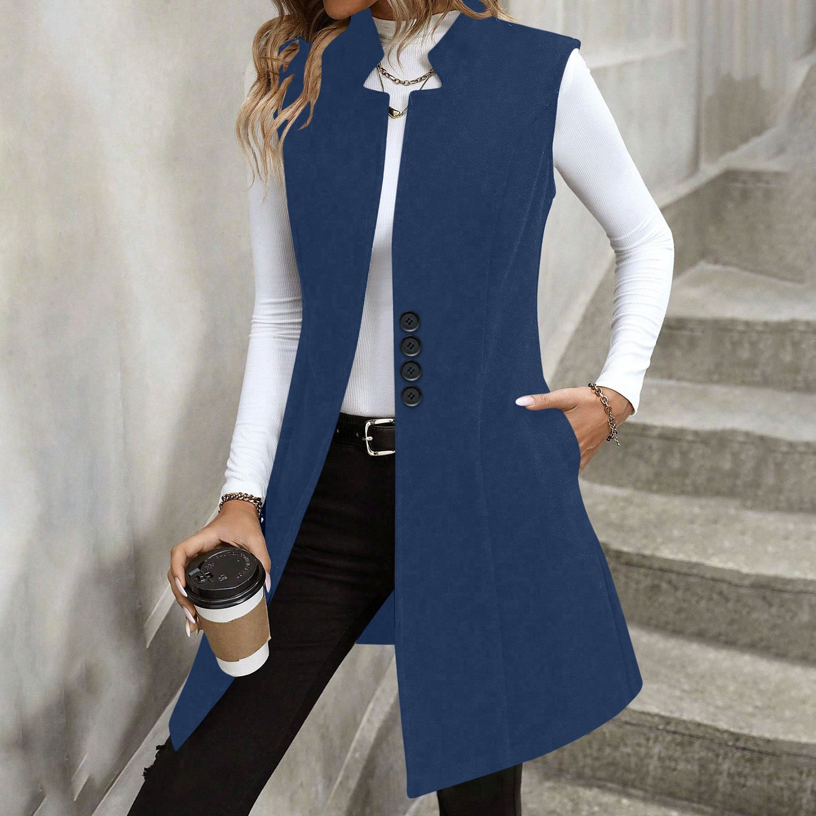 Long Waistcoat Women Fall Winter Sleeveless Vests Suit Elegant Cardigan Blazer Waistcoat with Pockets Ladies Insulated Jacket Navy XL