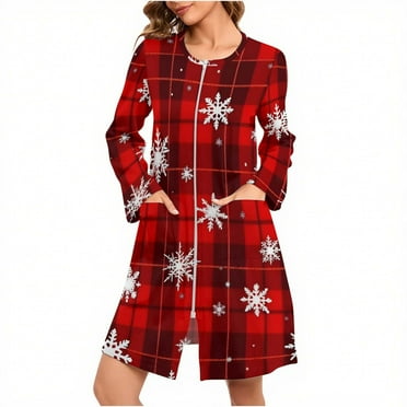 Lorytime Christmas Nightgowns for Women Plus Size Snowflakes Plaid Bathrobes Crewneck Long Sleeve Pajamas Dress Sleepwear