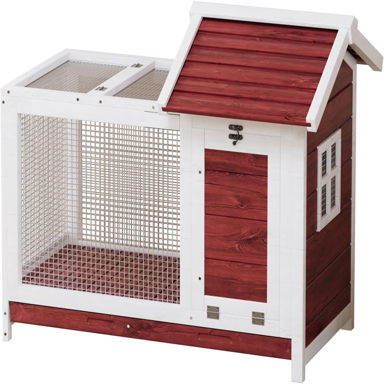 Ataujin Large Outdoor Rabbit Hutch, 2-Story Bunny Cage with Removable Wire Netting, Wooden Pet House, Waterproof Roof & Pull-Out Tray& Anti-Chew Metal Frame Ramp