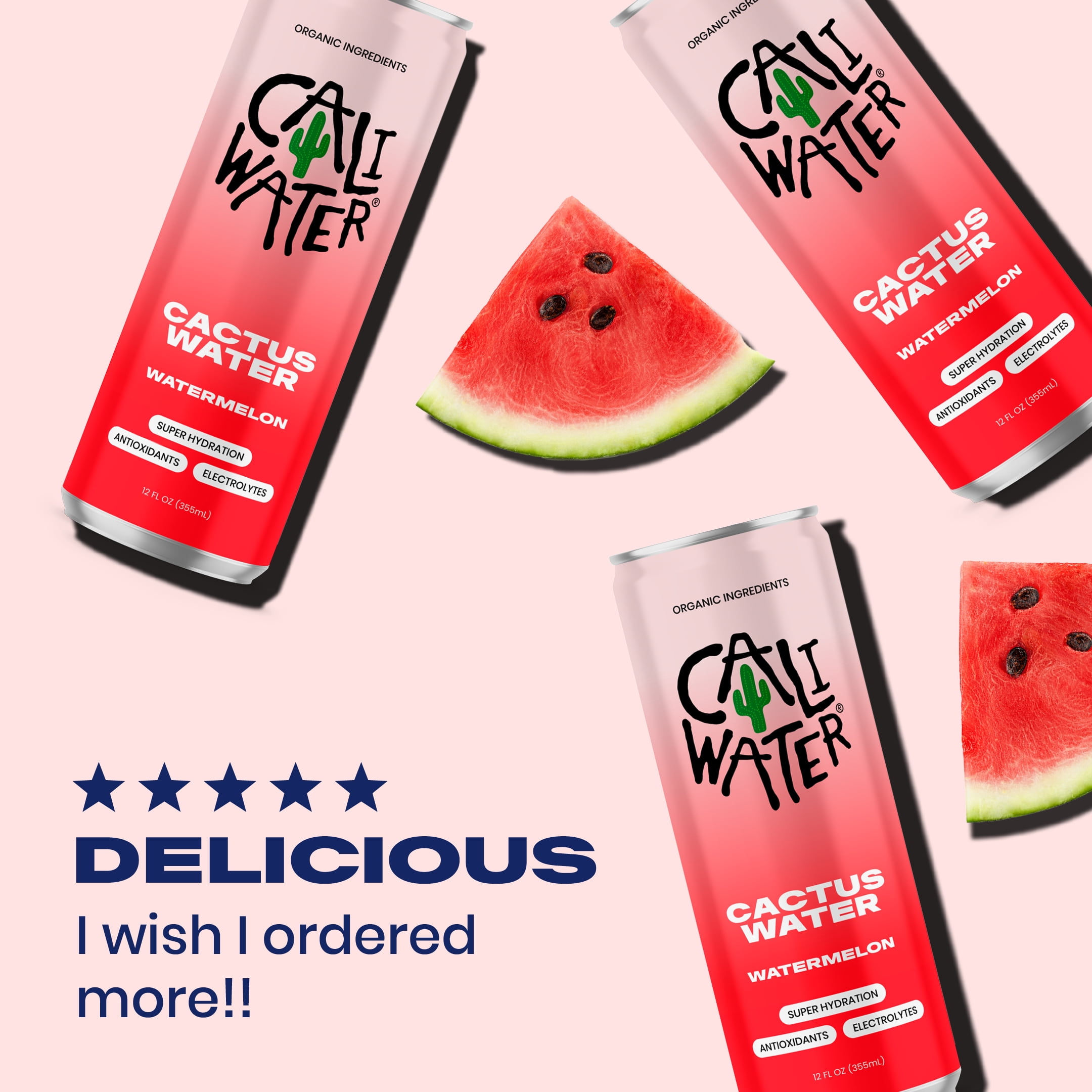 (12 pack) Caliwater Organic Cactus Water, Watermelon, Single Can, Coconut Water Alternative, 12 fl oz Liquid Can